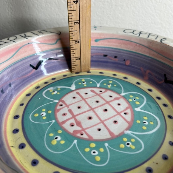 Whimsical Handmade Pottery Pie Deep Dish Plate Pan Hand Painted Apple Peach - Picture 4 of 11